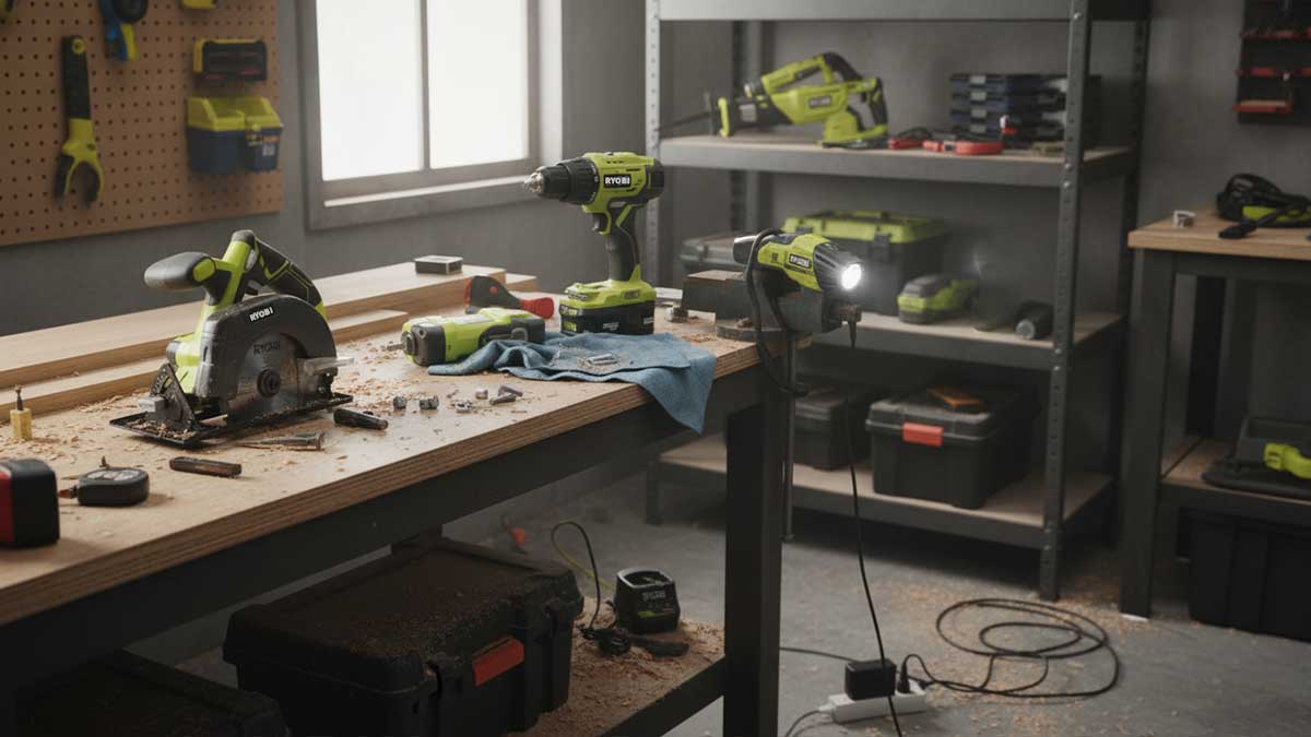 RYOBI drill and impact driver from the P1819 kit on a workbench